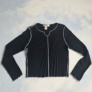 Cut & Paste Black Blouse with White Contrast Stitch Accents